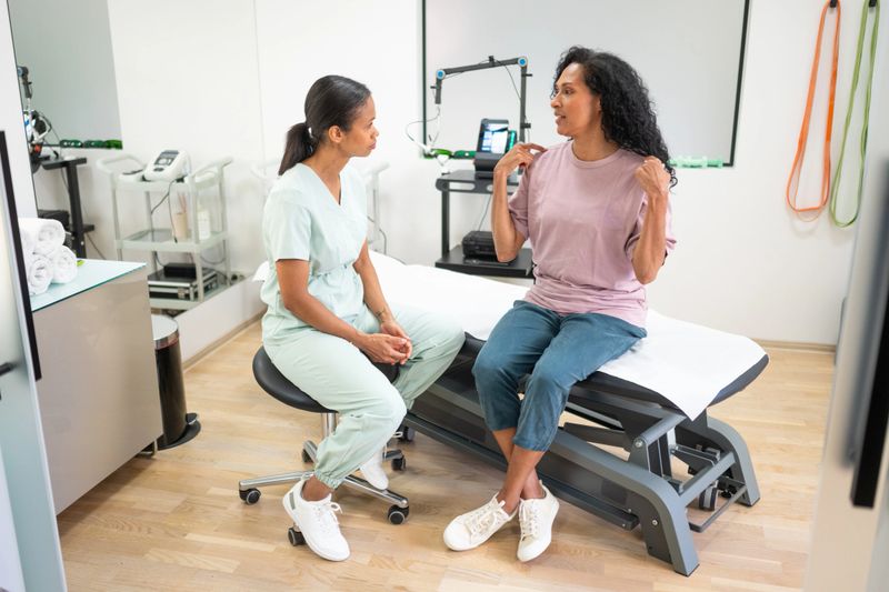 Mature Hispanic woman sitting on examination table consulting with multiracial female therapist in clinic, discussing shoulder issues while therapist listens attentively.