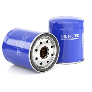 Two blue oil filters, one upright and one lying down.