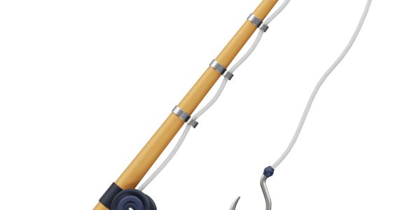 A fishing rod with a curved fish hook.