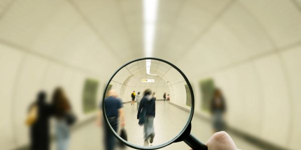 People walking in a tunnel seen through a magnifying glass.