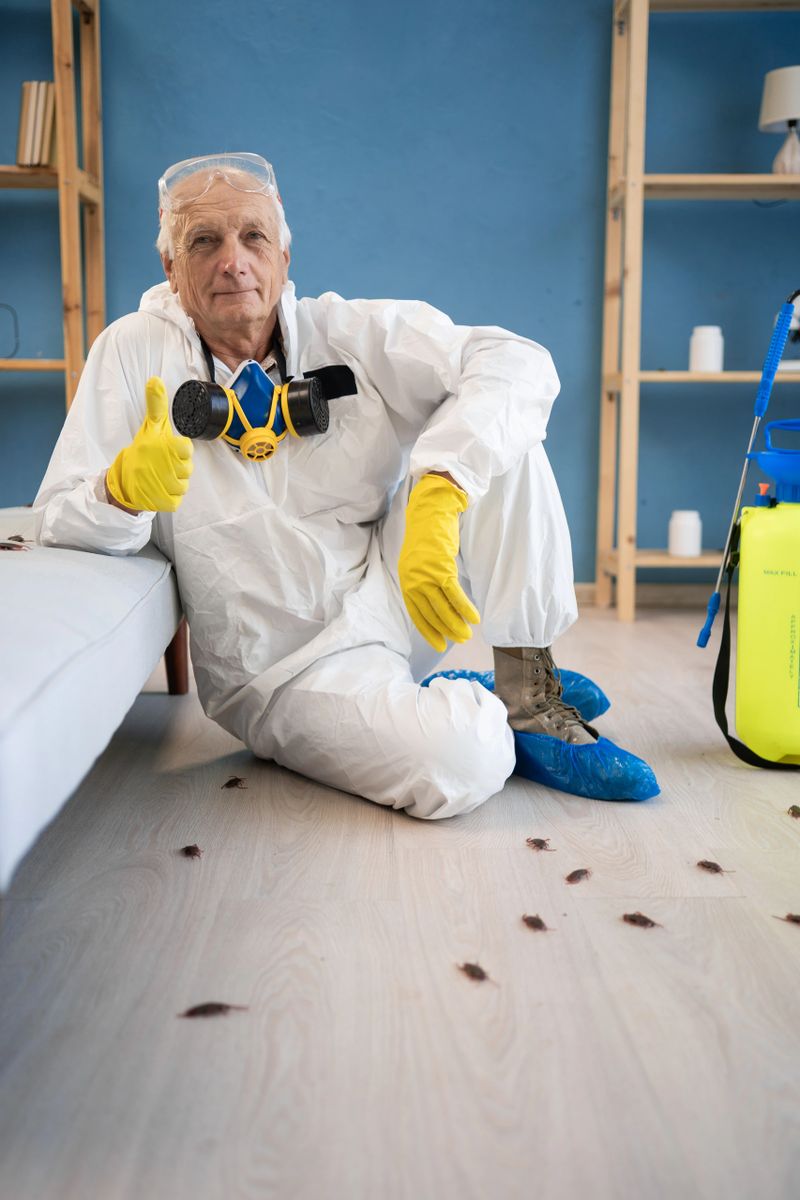 Pest control exterminator elderly man in protective suit with yellow sprayer for insecticide sitting on floor showing thumb-up looking at camera resting after exterminating roaches under sofa in house