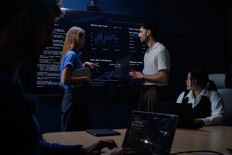 A collaborative group of data scientists and computer programmers brainstorming on artificial intelligence and machine learning models in Data Center focusing on deep learning algorithms and big data analytics for automated solutions.