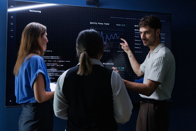 A team of IT specialists and technicians working in data center, discussing about big data analytics and deep learning algorithms on monitors for innovative artificial intelligence solutions.