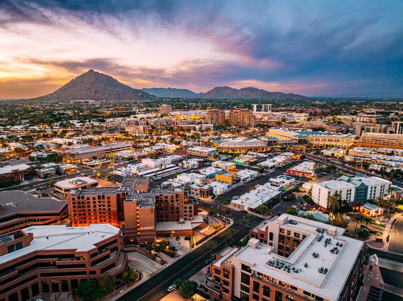 Elevated View of "Old Town" Downtown Scottsdale, Arizona, USA at Sunset