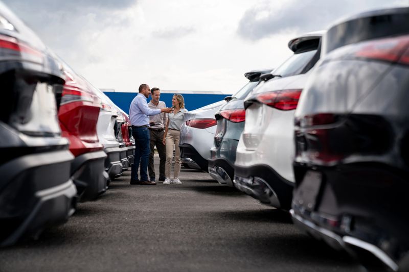 Happy Latin American car salesperson showing cars to a couple shopping at the dealership