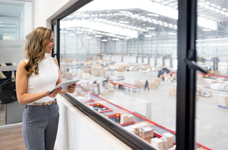 Happy Latin American businesswoman using a tablet while working from her office at a distribution warehouse and looking through a window