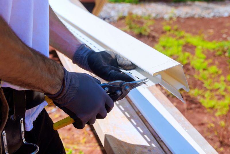 Construction worker uses snips to cut gutter vinyl siding while standing on site