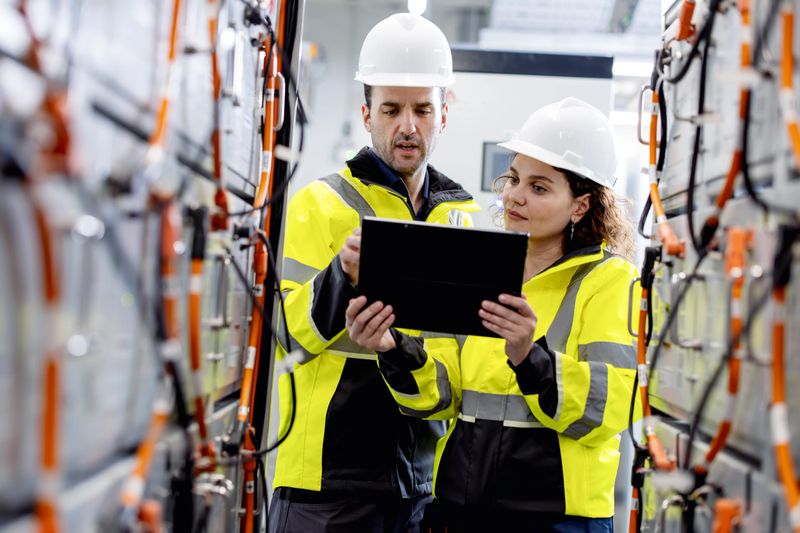 A team of engineers in the control room monitors battery storage via an energy management system. By tracking real-time performance, including production and consumption, they can quickly identify faults and optimize system efficiency.