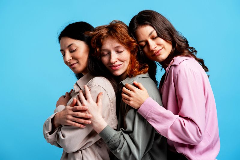 Three diverse women embracing, showing concepts of sisterhood, support, and togetherness