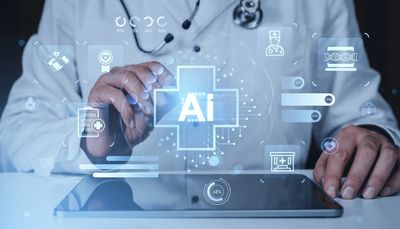 Doctor interacting with AI medical technology on a tablet.