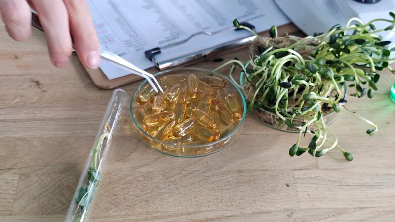 A person holds tweezers to grab golden capsules from a bowl. The bowl is placed on a wooden table among sprouting plants and paperwork, indicating a workspace setup.