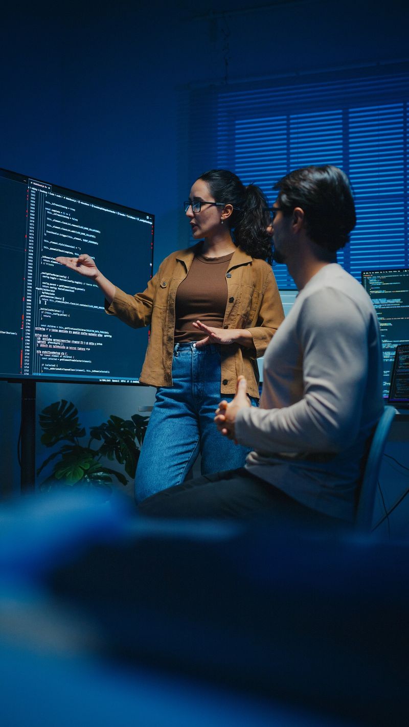 Young Latin software developers team meeting present source code on large monitors working late in the dark office at night. Artificial intelligence, implementation details, debugging and programming.