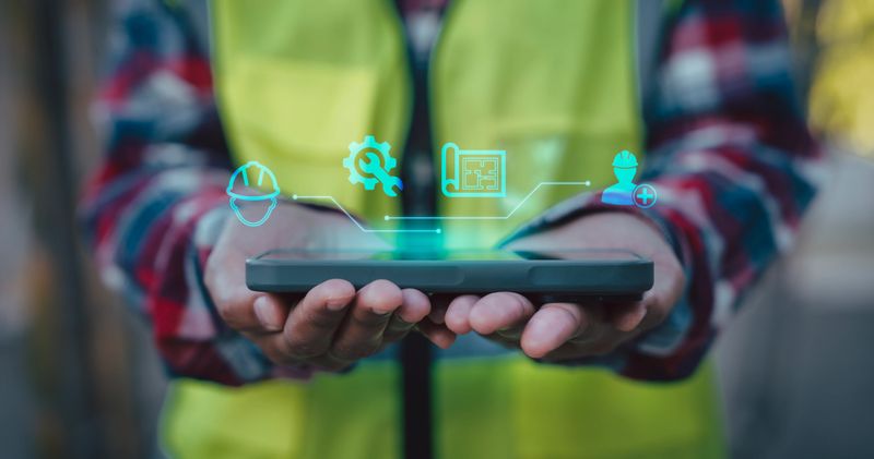 Construction worker using smartphone app for skilled workforce recruitment and labor shortage solution with digital management, Recruitment Tech, Workforce Crisis, Talent acquisition, Job search