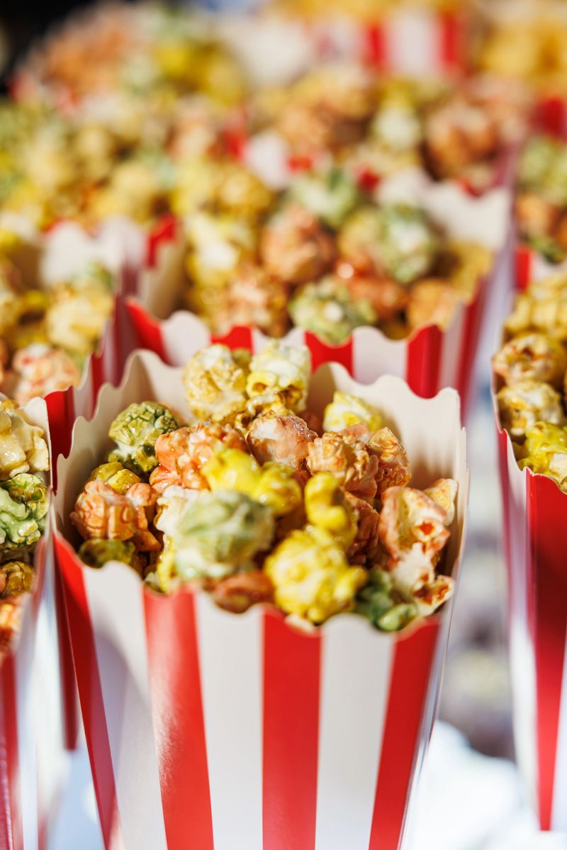 Vibrant multicolored popcorn served in classic red and white striped containers, arranged closely for a festive and fun snack display
