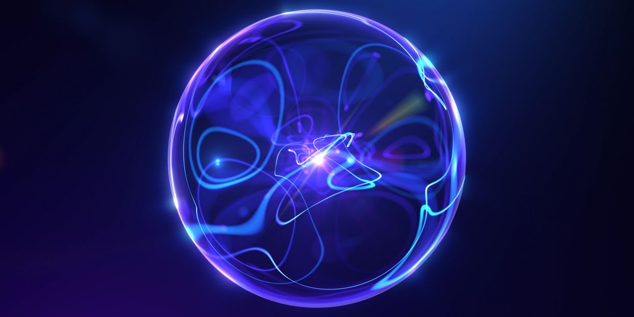 Glowing blue abstract sphere with light trails.