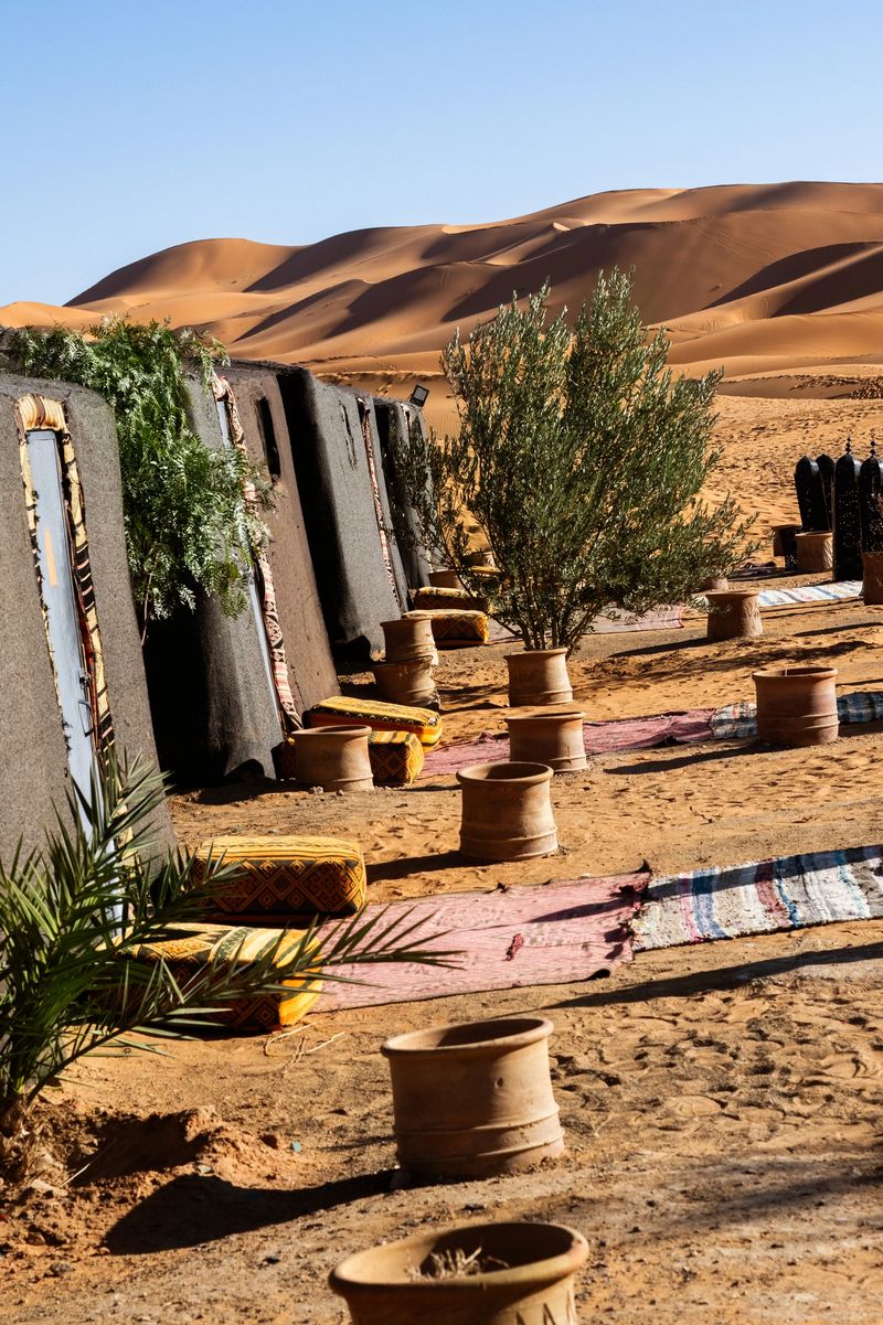 Traditional desert tents in a Moroccan camp with palm trees and sandy landscape under a clear blue sky. Evokes travel, desert life.