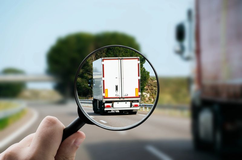 A magnifying glass focusing on a delivery truck driving on a highway, illustrating logistics and transportation.
