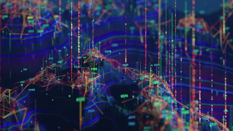 A dynamic neon-lit montage of stock charts, data streams, and interconnected lines representing market activity, technology-driven insights, and digital connectivity across global finance and analytics.