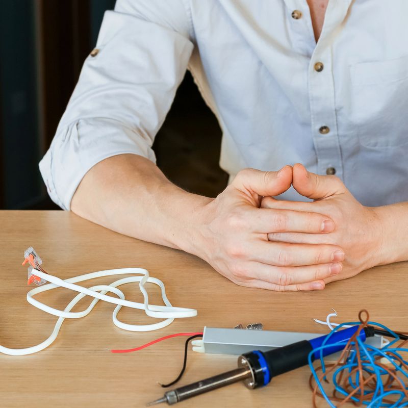 Person's hands folded together above a wooden table scattered with wires, soldering iron, power supplies, and connectors in a DIY project area.