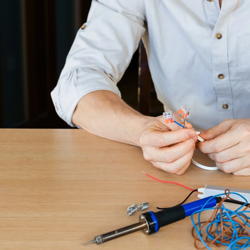 Close-up of hands attaching connectors to wires near soldering iron and coiled cables on desk
