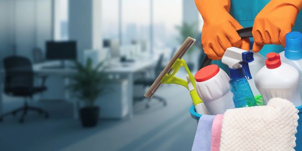 Person holding bucket of cleaning supplies in office.