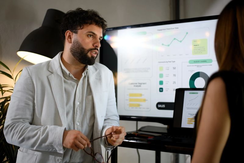 A businessman in a white jacket explains sales performance metrics to a colleague in a contemporary office. Charts and graphs on a screen display key data points and trends.