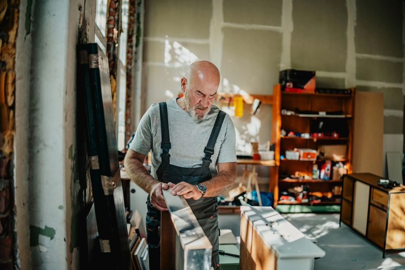 A handyman stands in his workshop, carefully working on a wood project. Tools and supplies are arranged around him, showing his craft in action.