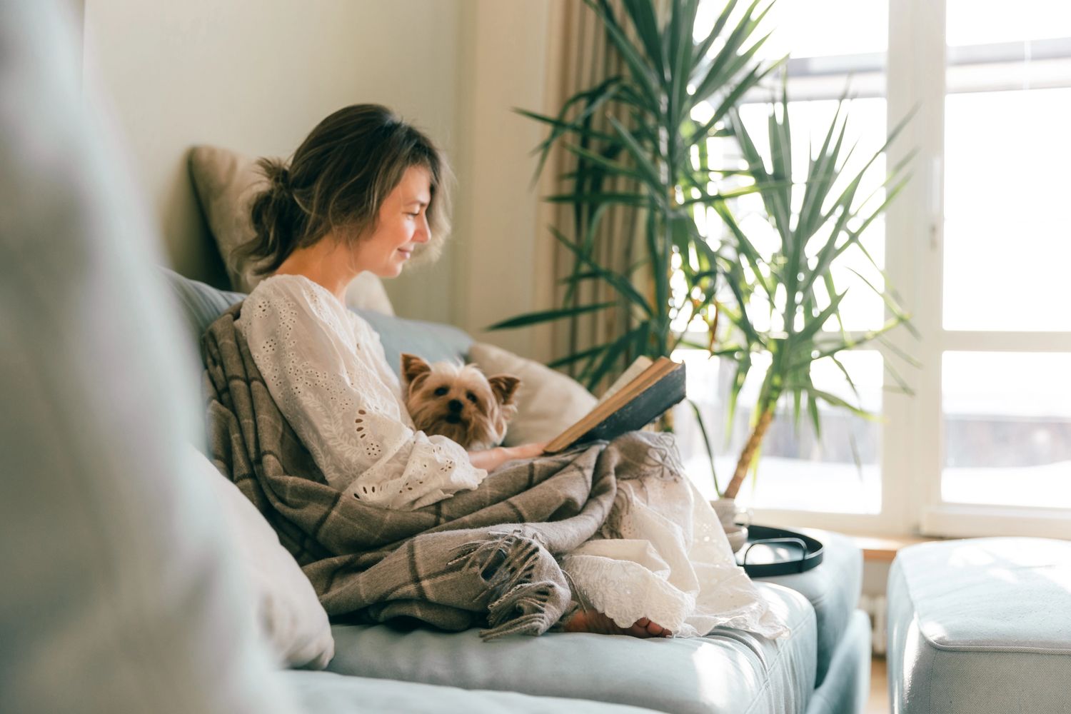 Woman relaxing at home during virtual therapy in Ontario
