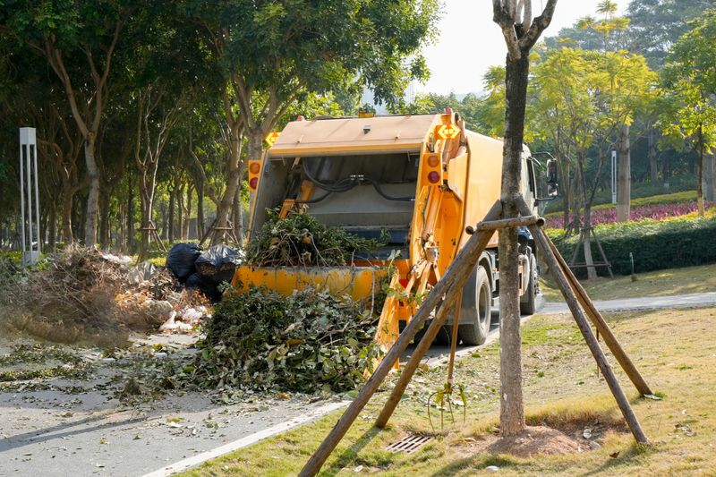 A yellow municipal waste truck is actively collecting tree branches, leaves, and garden debris in a well-maintained urban park. The vehicle’s rear compartment is open, with fresh green waste being loaded. Surrounding the scene are young trees supported by wooden stakes, paved pathways, and colorful flower beds, indicating routine landscaping upkeep. Bright daylight enhances the natural setting. Ideal for themes of urban sanitation, environmental sustainability, public services, and city greening efforts
