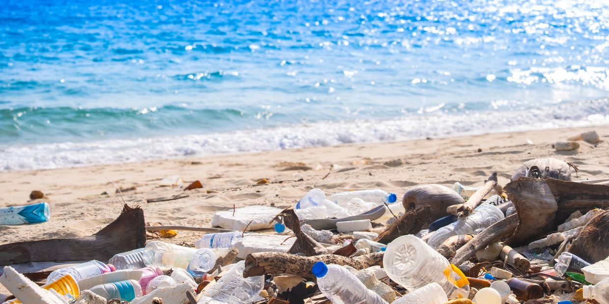 Beach littered with plastic waste and debris.