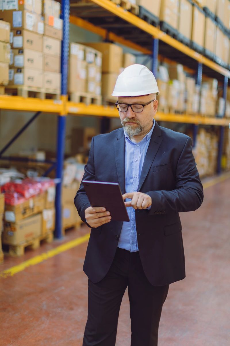 A senior middle aged male warehouse manager wearing a safety helmet and business suit stands inside a large distribution warehouse while using a digital tablet to monitor inventory, logistics operations and data driven workflows The professional scene highlights modern warehouse technology, smart supply chain management, artificial intelligence supported analytics, operational efficiency and business decision making in manufacturing and logistics environments