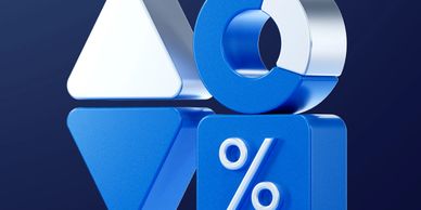 Blue and white geometric shapes including triangle, circle, and percentage symbol.