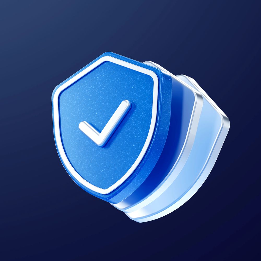 3D blue shield with a white check mark symbolizing security.
