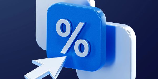 3D blue percentage icon with a white cursor arrow on a dark background.