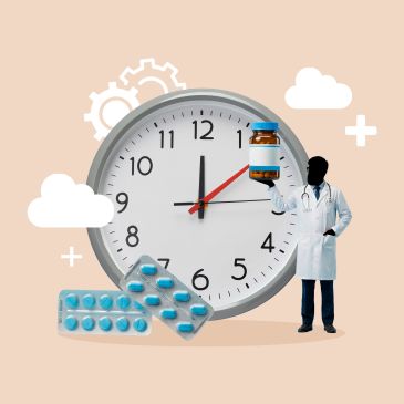 Doctor holding medication with clock in background symbolizing timed medicine.
