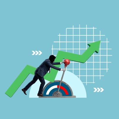 Businessman pushing a lever to boost growth.