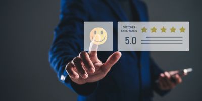 Person in suit giving a five-star customer satisfaction rating.