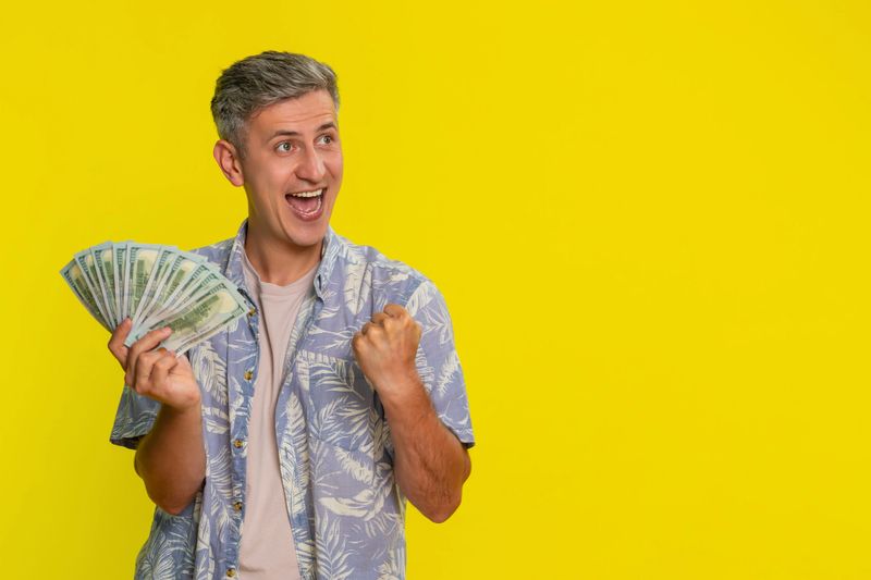 Middle-aged man in excitement holding bundle of dollars cash banknotes, celebrating lottery win casino jackpot or game success. Young guy expressing happiness and triumph isolated on yellow background
