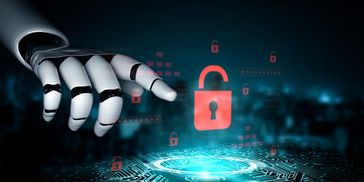 Robot hand interacting with digital security interface.