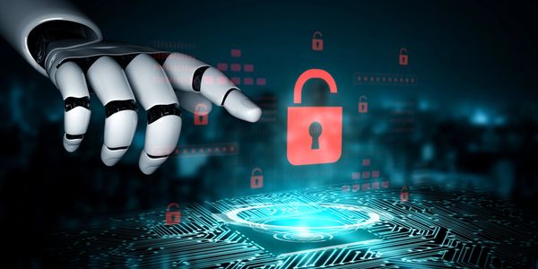 Robot hand interacting with digital security locks on a circuit board.