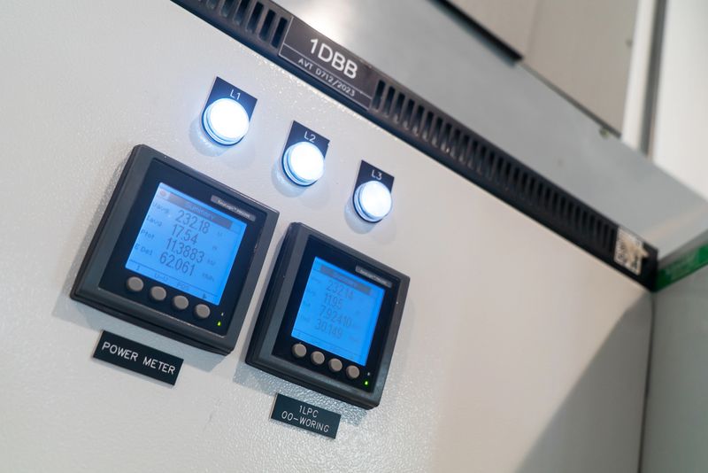 A detailed view of a control panel featuring digital displays, power meters, and LED indicator lights used for monitoring and managing industrial equipment and systems.