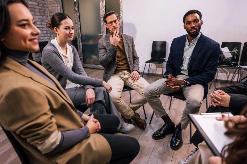 Group of people sitting in a circle during a psychotherapy session with a professional therapist, showing mental health support, communication, and emotional healing.