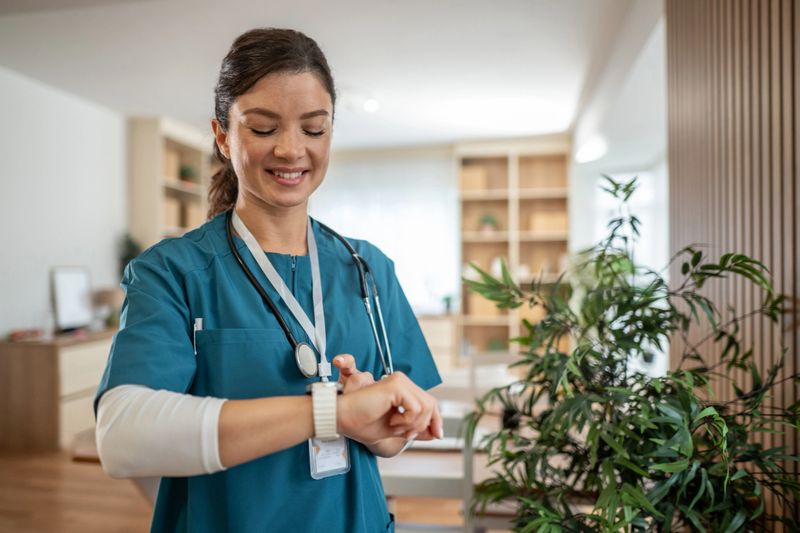 Professional female healthcare worker smiling while checking her smartwatch in a modern clinic, showcasing digital health, connected technology and confident, tech-savvy patient care