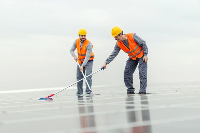 Two workers in safety vests and hard hats are carefully cleaning solar panels on a rooftop, ensuring optimal performance for renewable energy generation and sustainability