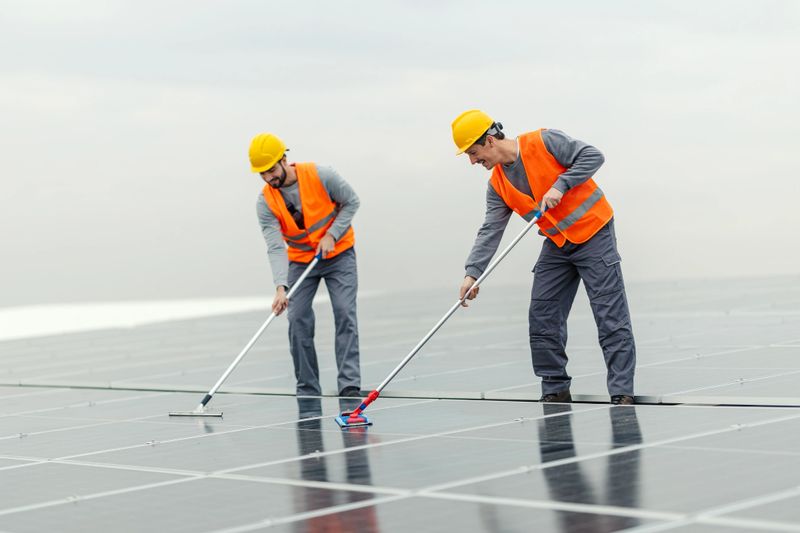 Two male technicians wearing hard hats and safety vests are cleaning solar panels on a large solar farm, maintaining optimal efficiency for renewable energy generation