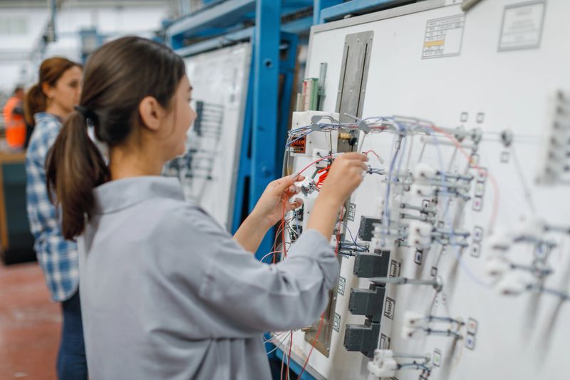 Confident young female technician and electrical engineer assembling and testing industrial control panel with cables and electronic components in a modern factory environment, representing smart manufacturing, artificial intelligence integration, digital transformation, automation technology, Industry 4.0, innovation, professional workforce, engineering expertise, and future production systems in industrial manufacturing