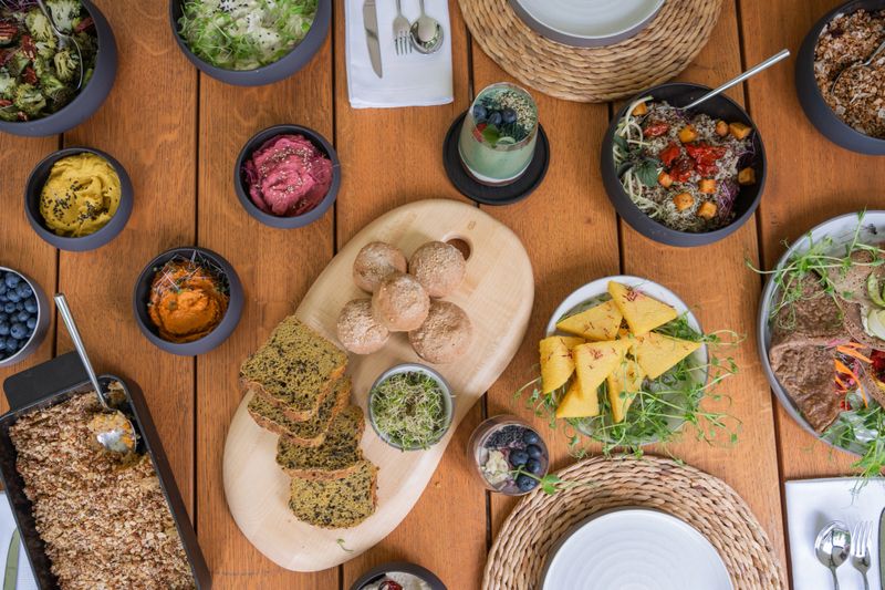 Overhead view of assortment of vegan breakfast options