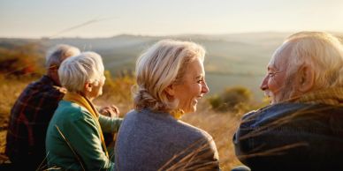 Elderly couples enjoying a sunset outdoors.