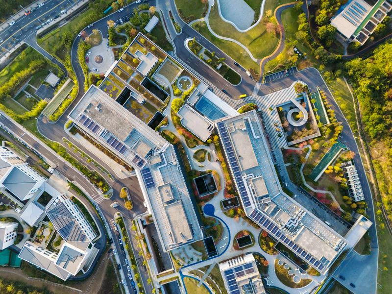 Aerial view, roof garden with solar panels