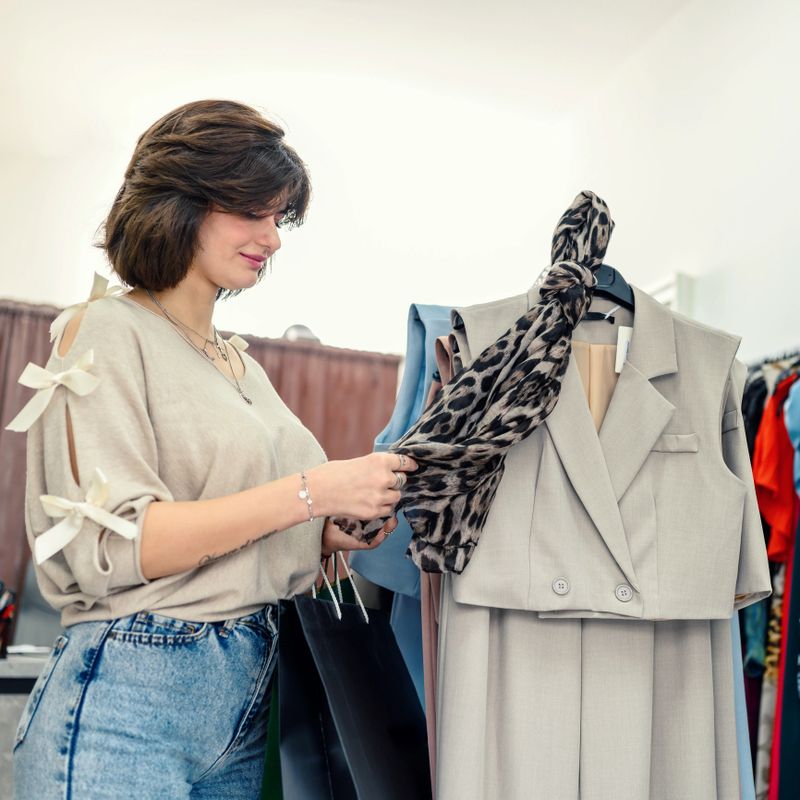 A young female customer is shopping in a clothing store.